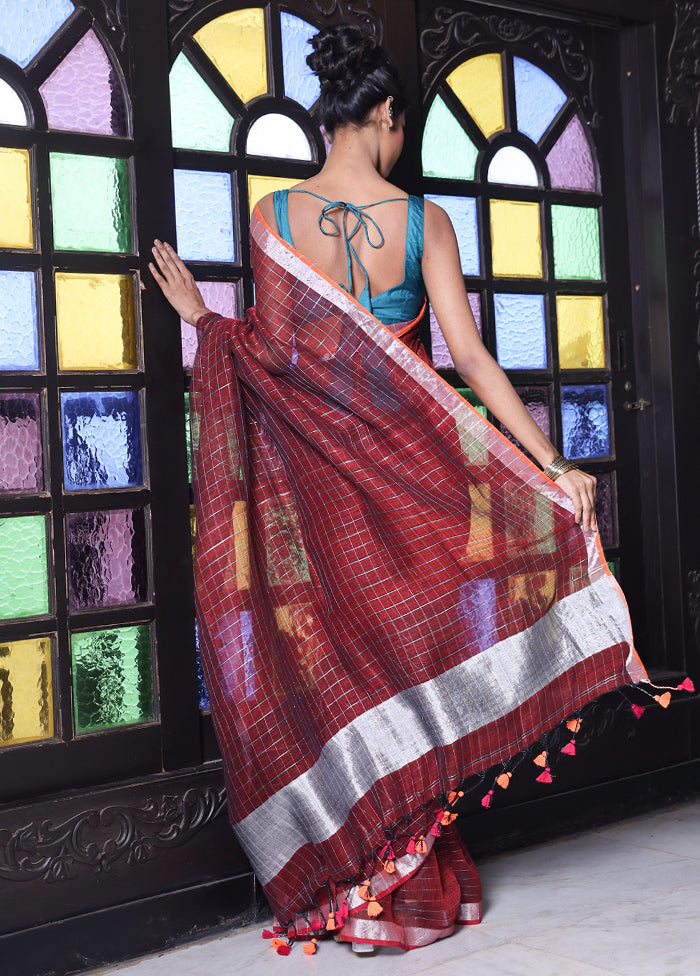 Maroon Linen Silk Saree With Blouse Piece Genuine Sale Online