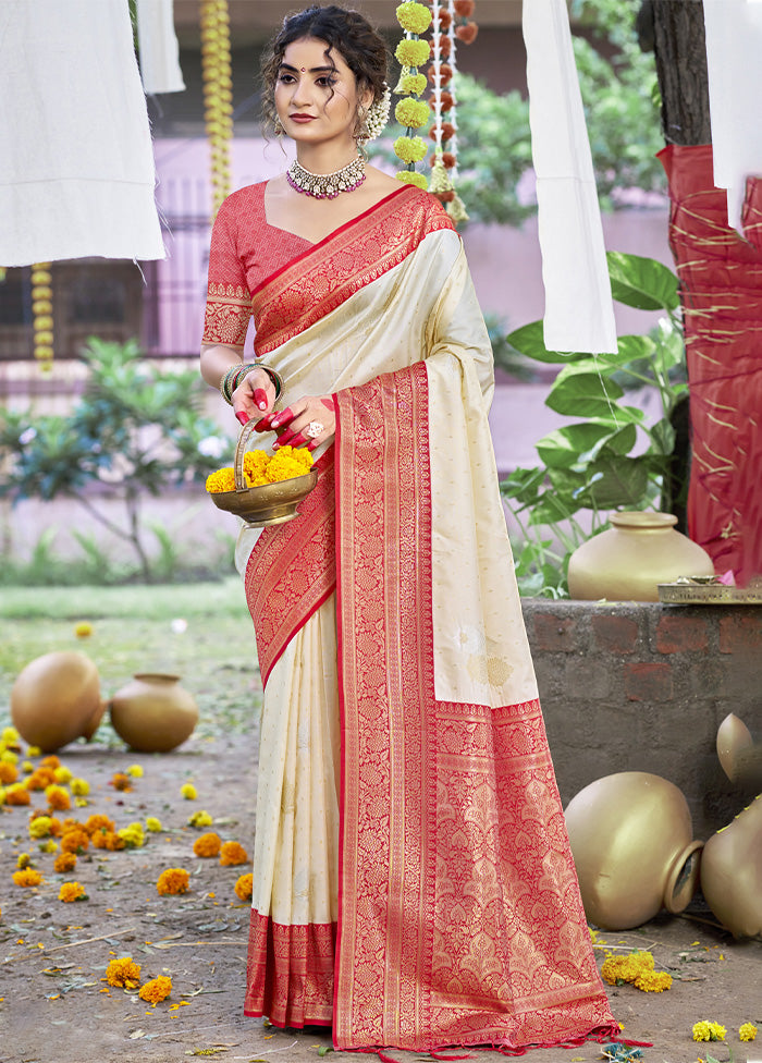 Cream Dupion Silk Saree With Blouse Piece Discount Shop