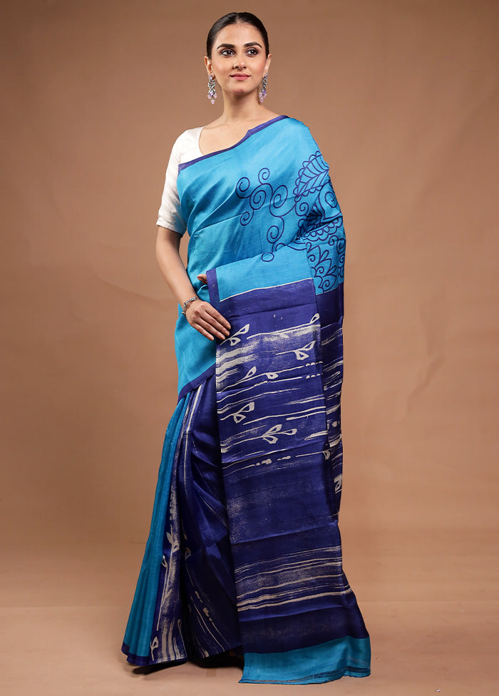 Blue Printed Pure Silk Saree Without Blouse Piece Free Shipping Looking For