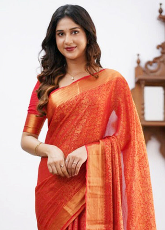 Red Banarasi Silk Saree With Blouse Piece Clearance 2025 New