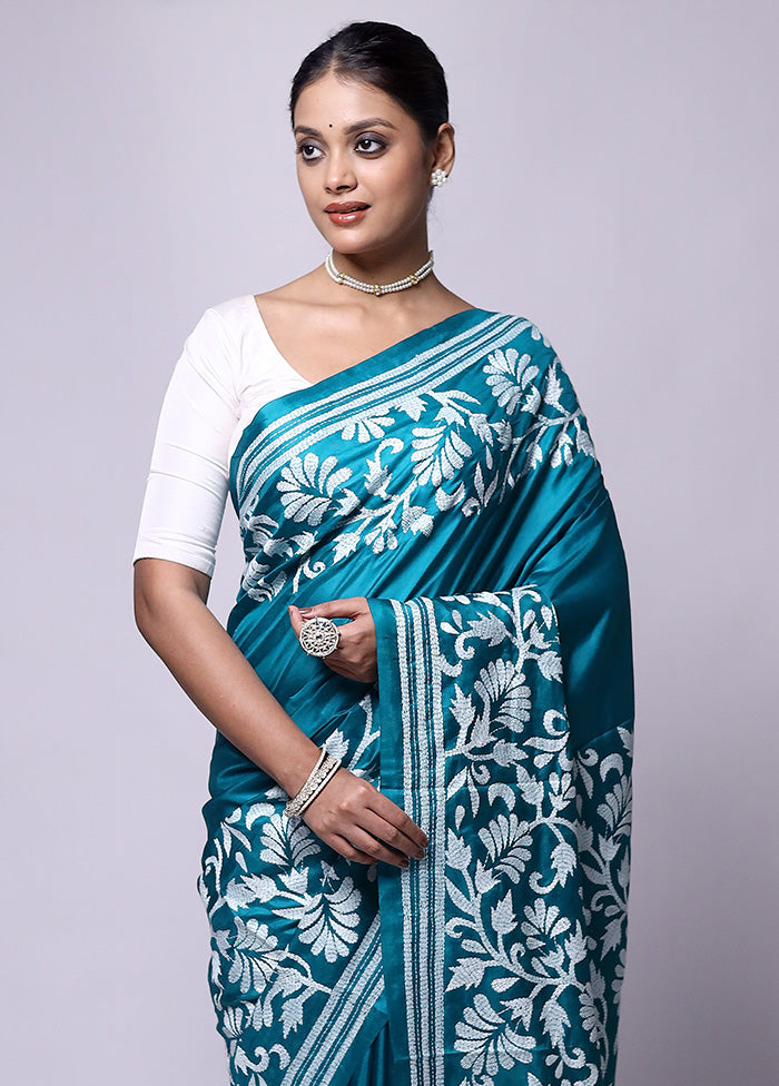 Blue Handloom Kantha Stitch Pure Silk Saree With Blouse Piece With Paypal Cheap Online