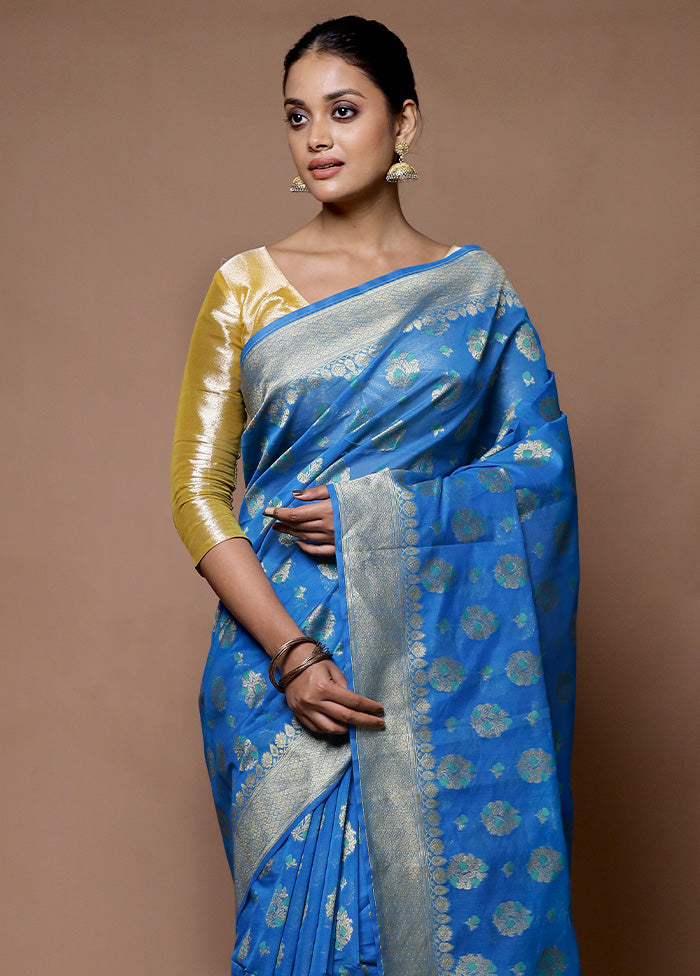 Blue Kora Silk Saree With Blouse Piece Cheap Sale Really