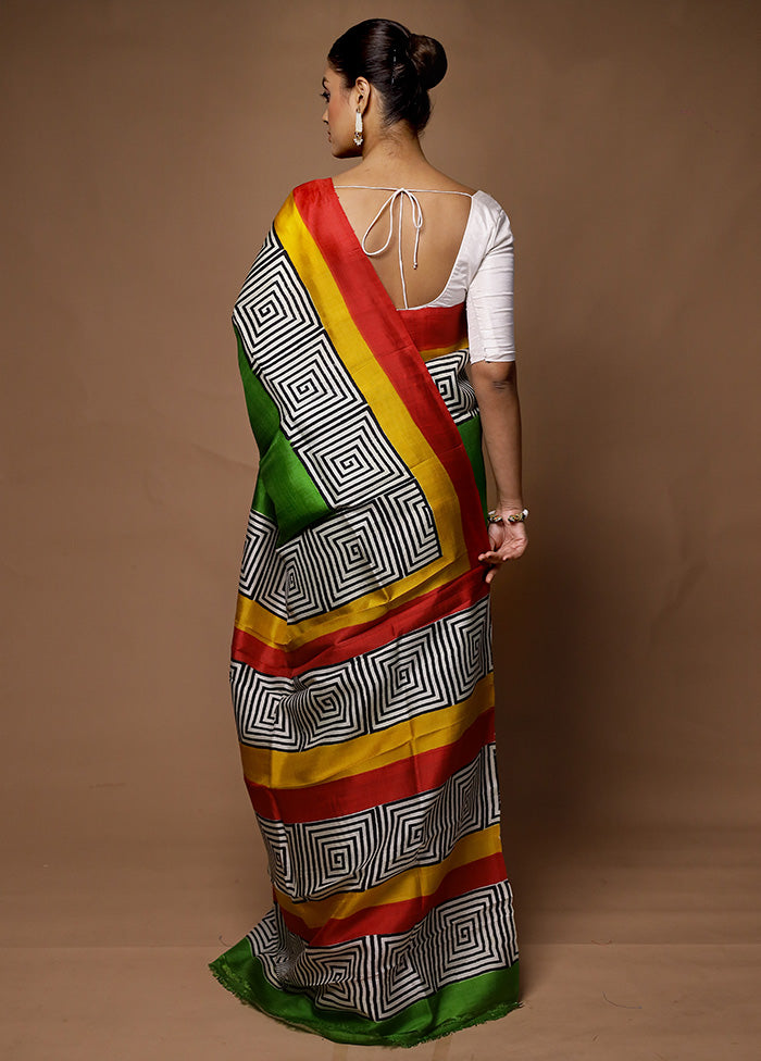 Green Printed Pure Silk Saree Without Blouse Piece Amazing Pice