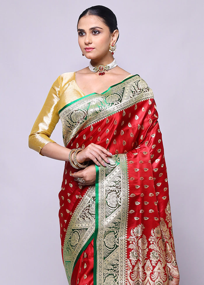 Red Handloom Banarasi Pure Silk Saree With Blouse Piece Fast Delivery Sale Online