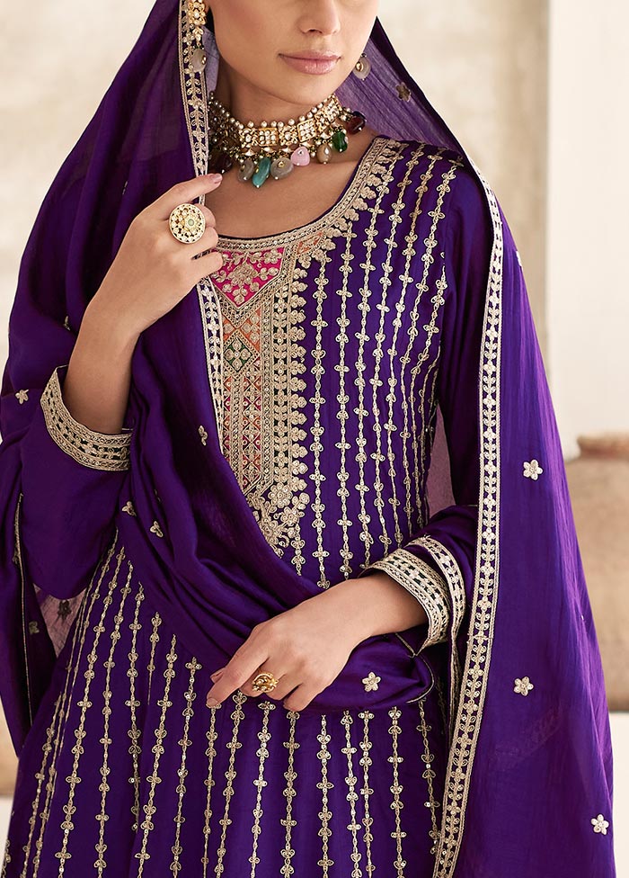 3 Pc Purple Semi Stitched Silk Suit Set Sale Popular