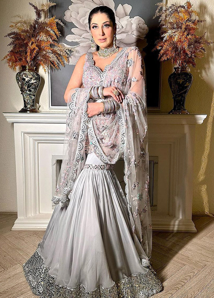 3 Pc Silver Readymade Georgette Dupatta Suit Set Cheap Pirce