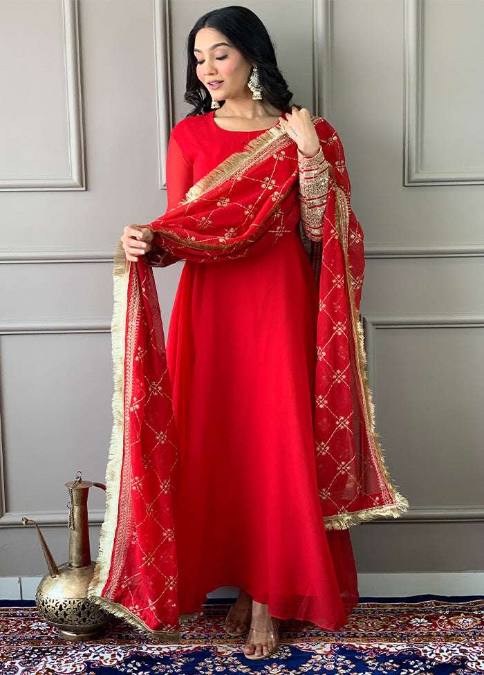 3 Pc Red Readymade Georgette Dupatta Suit Set Buy Cheap Wide Range Of