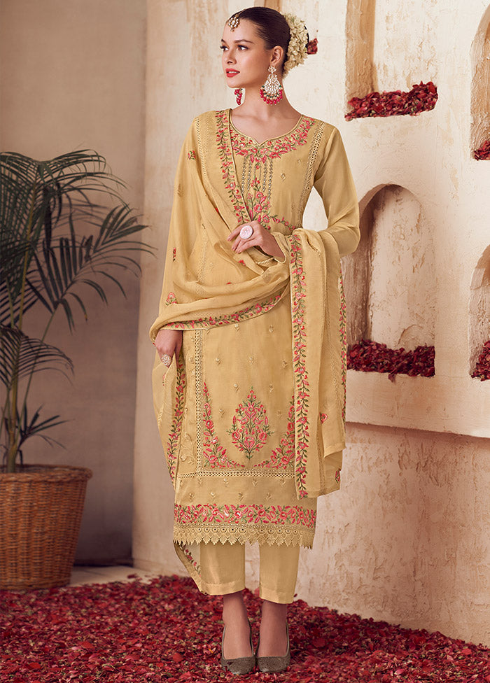 3 Pc Yellow Unstitched Net Suit Set Free Shipping 2025 New