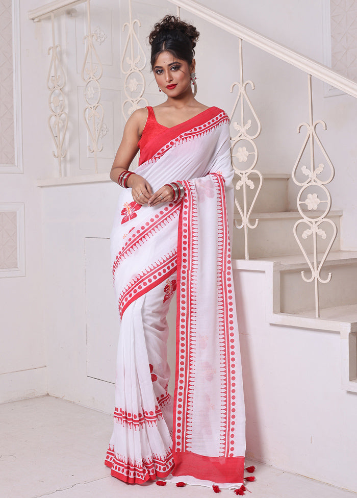 White Cotton Hibiscus Print Saree Without Blouse Piece Genuine Cheap Pice