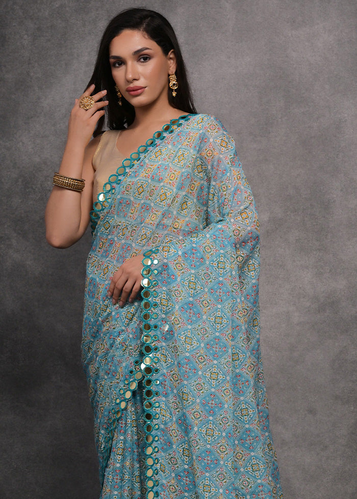 Sky Blue Chiffon Silk Saree With Blouse Piece Latest Collections