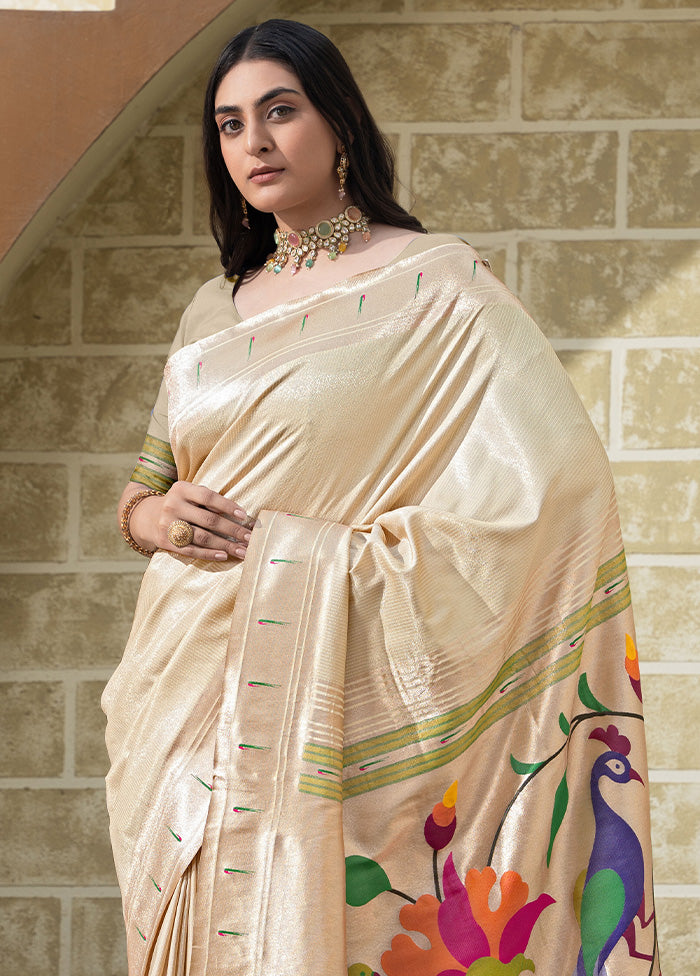 Cream Spun Silk Saree With Blouse Piece Cheap 100% Authentic