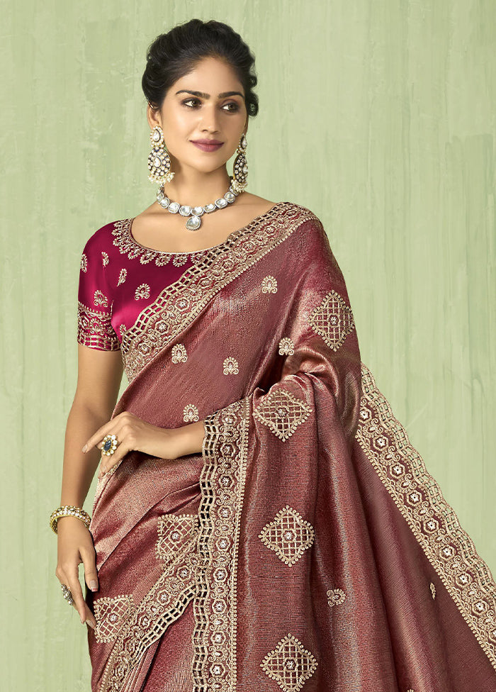 Wine Spun Silk Saree With Blouse Piece Online For Sale