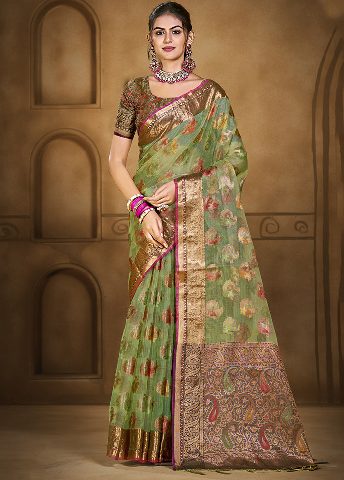 Green Organza Saree With Blouse Piece Free Shipping Top Quality