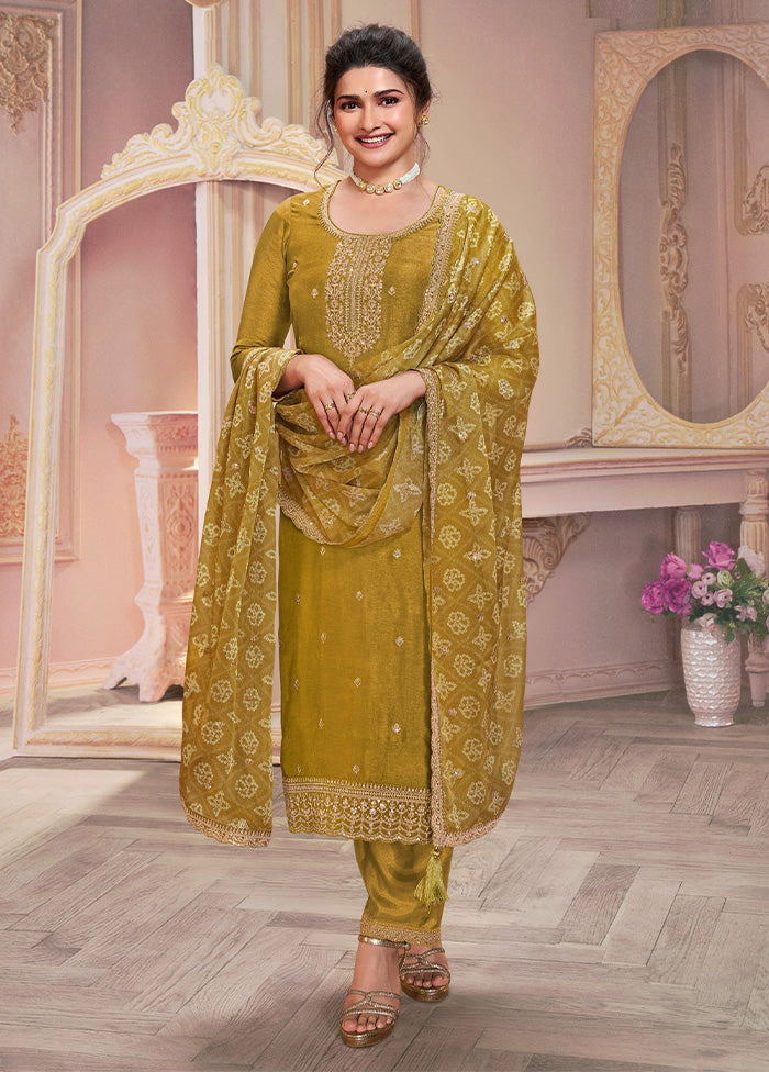 3 Pc Mustard Semi Stitched Georgette Suit Set Clearance Classic