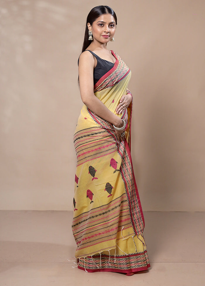 Yellow Khadi Cotton Saree With Blouse Piece Buy Cheap Genuine