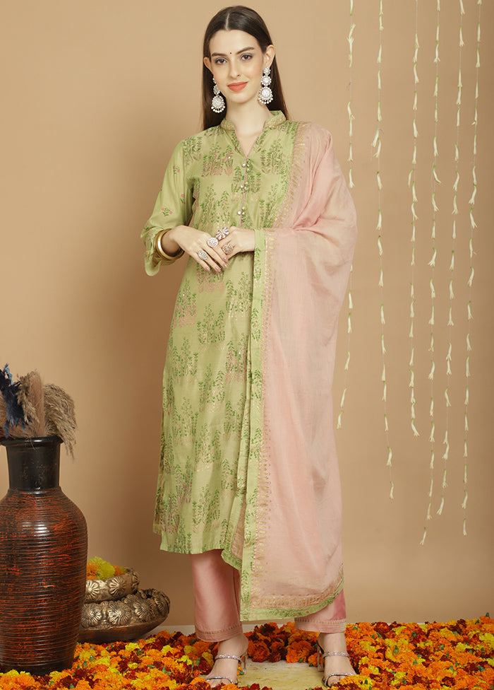 3 Pc Green Unstitched Chanderi Suit Set Free Shipping Exclusive