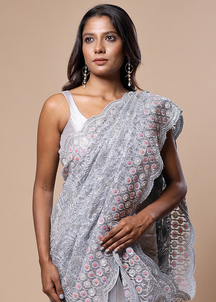 Grey Pure Handloom Silk Saree With Blouse Piece Clearance Cost