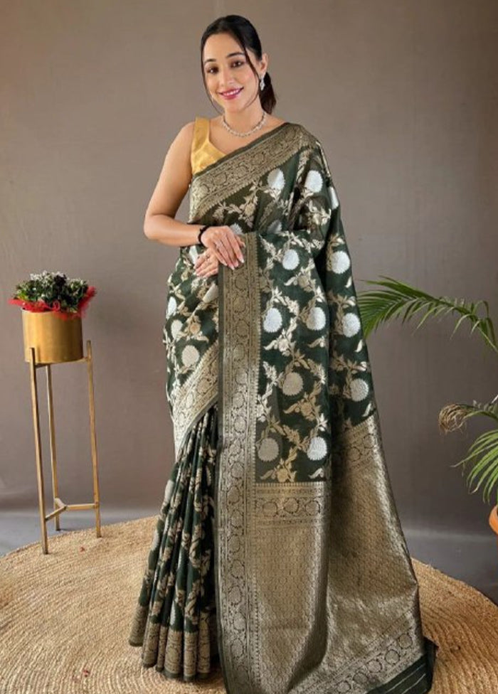 Dark Green Banarasi Silk Saree With Blouse Piece For Cheap Pice