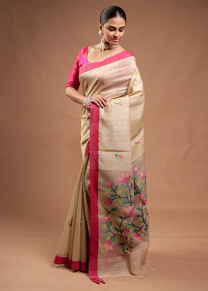 Cream Handloom Tussar Pure Silk Saree With Blouse Piece Discount Wholesale