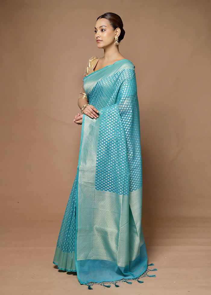 Blue Kora Silk Saree With Blouse Piece Quality Free Shipping