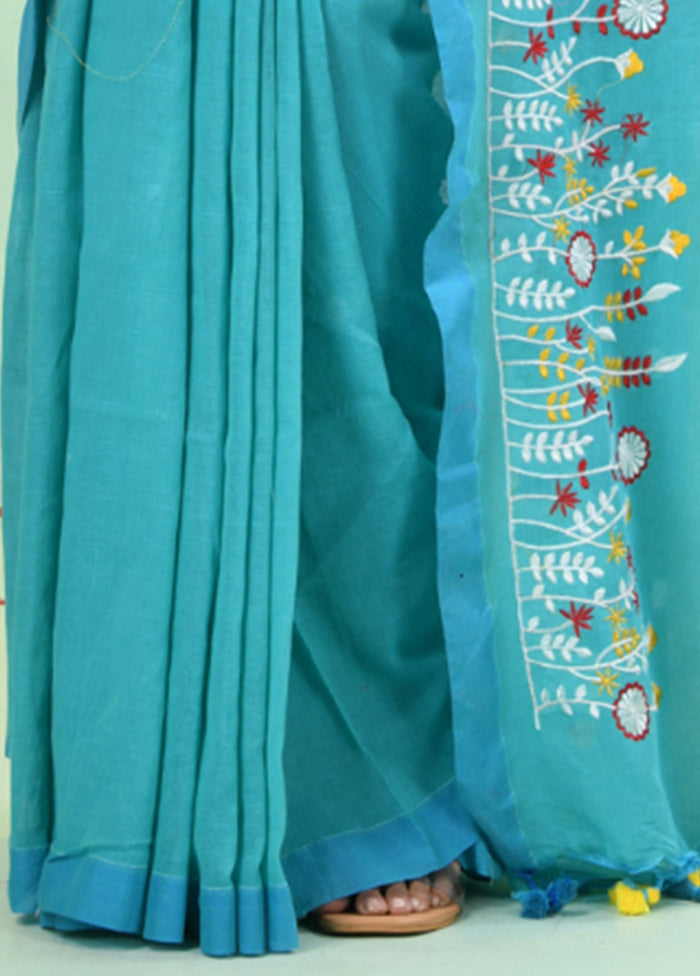 Sea Green Cotton Saree With Blouse Piece Free Shipping 2025 New