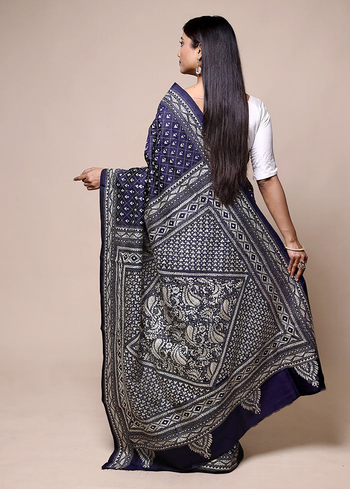 Violet Handloom Kantha Stitch Pure Silk Saree With Blouse Piece Outlet Where Can You Find