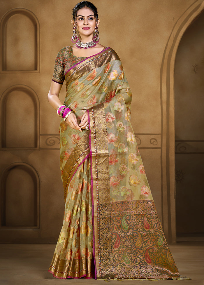 Olive Green Organza Saree With Blouse Piece Quality Free Shipping For Sale