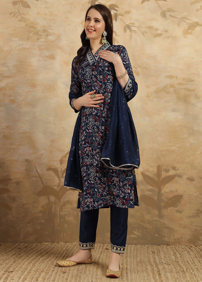 3 Pc Navy Blue Readymade Viscose Suit Set Clearance Shop