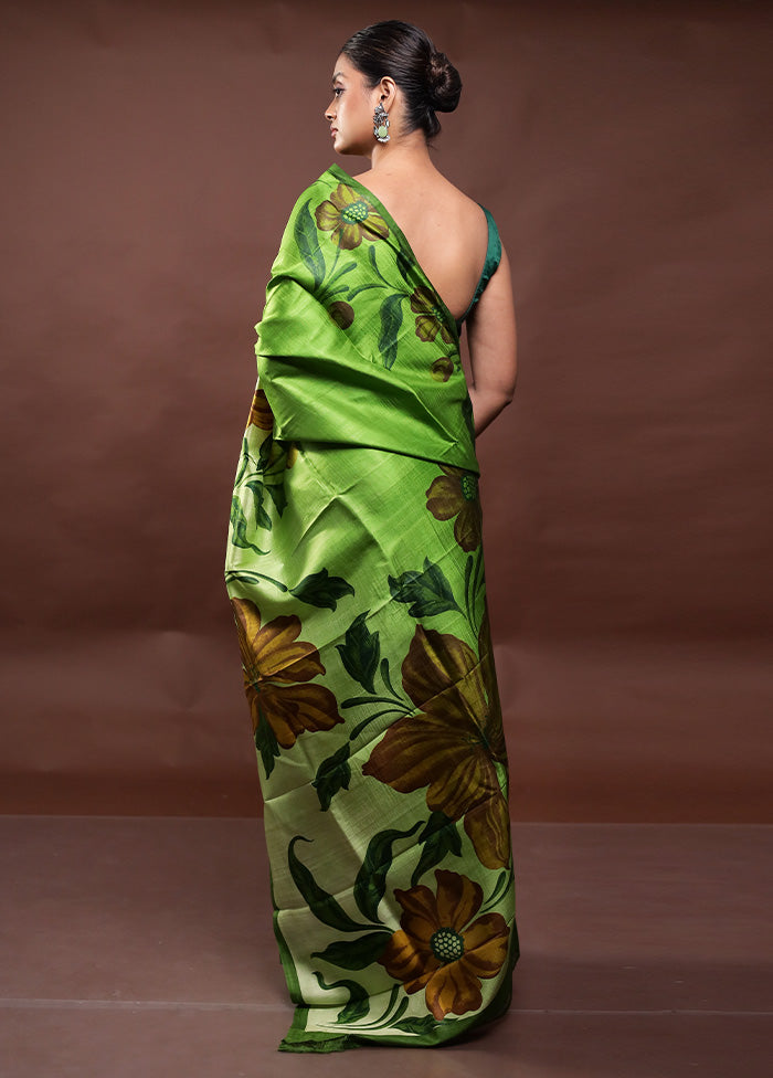 Green Printed Pure Silk Saree Without Blouse Piece Very Cheap