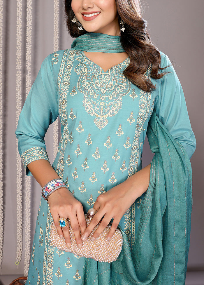 3 Pc Turquoise Blue Readymade Cotton Suit Set Discount High Quality