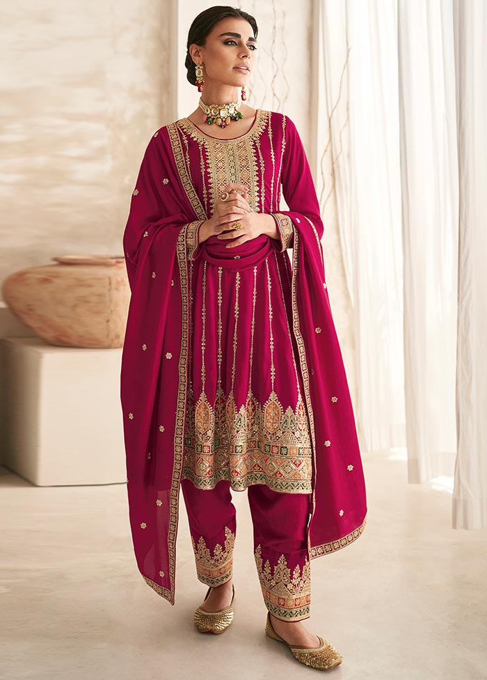 3 Pc Rani Semi Stitched Silk Suit Set Lowest Pice Cheap Pice