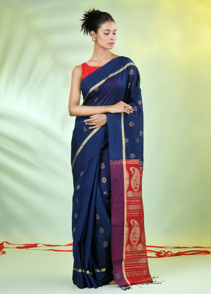 Navy Blue Pure Cotton Saree With Blouse Piece Cheap High Quality