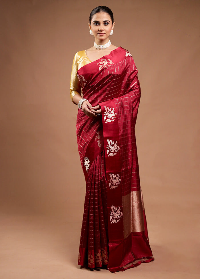 Maroon Handloom Katan Pure Silk Saree With Blouse Piece Discount For Cheap