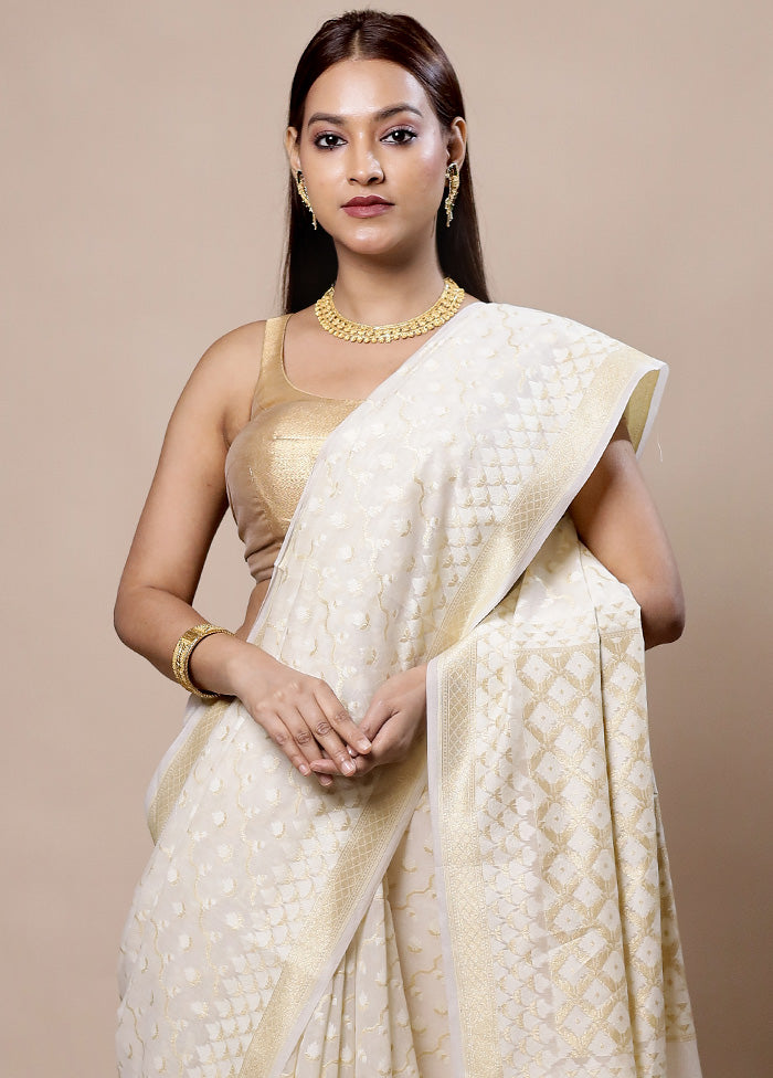 White Kora Silk Saree With Blouse Piece Sast Online