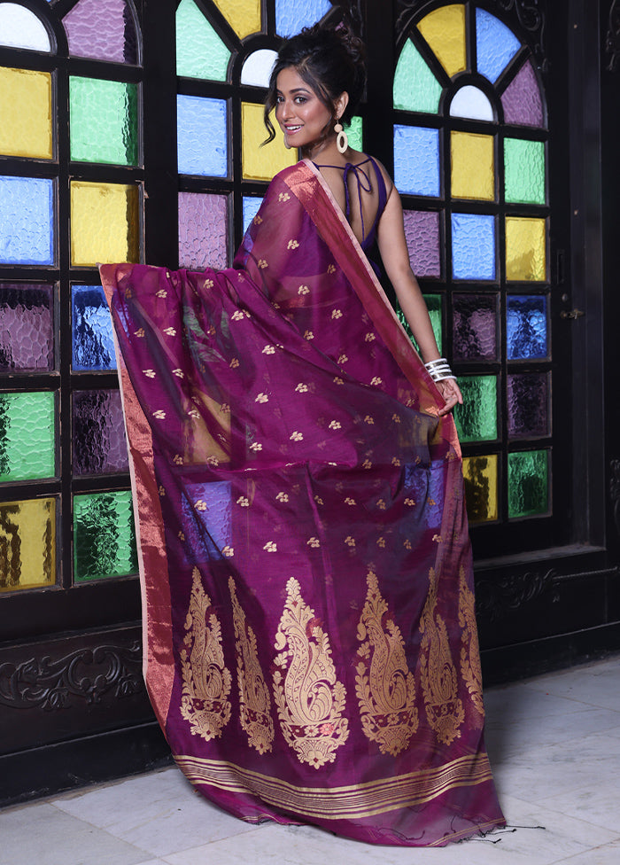 Purple Pure Cotton Saree With Blouse Piece Sale Original