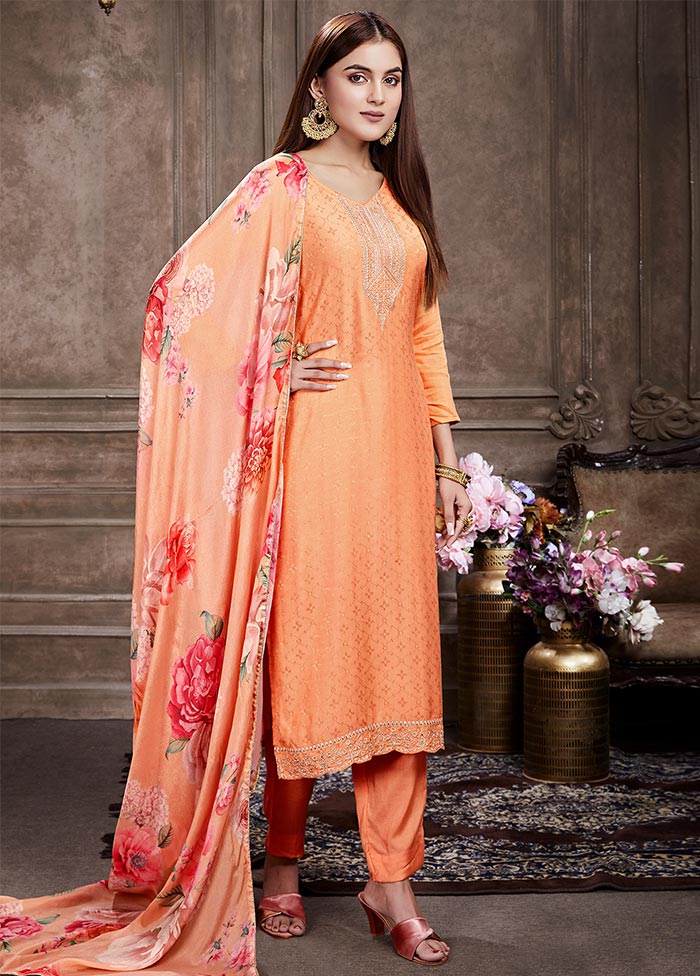 3 Pc Peach Unstitched Silk Suit Set Cheap Sale 2025 New