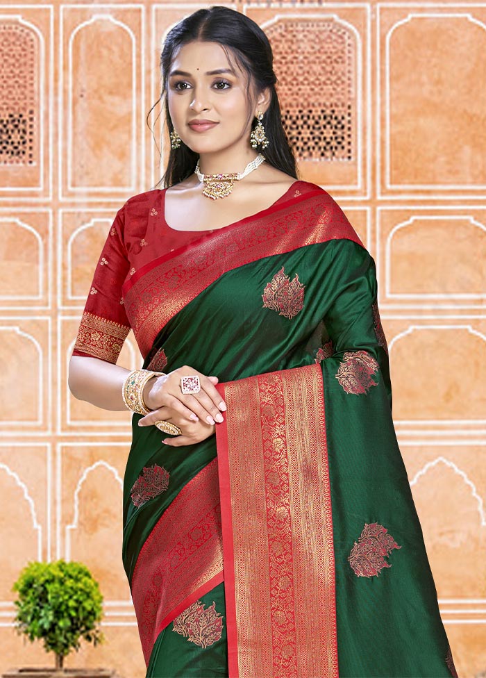 Dark Green Dupion Silk Saree With Blouse Piece Buy