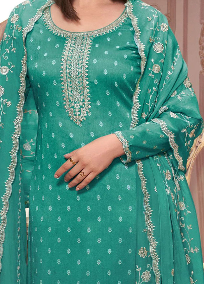 3 Pc Teal Green Semi Stitched Georgette Suit Set Sale Explore