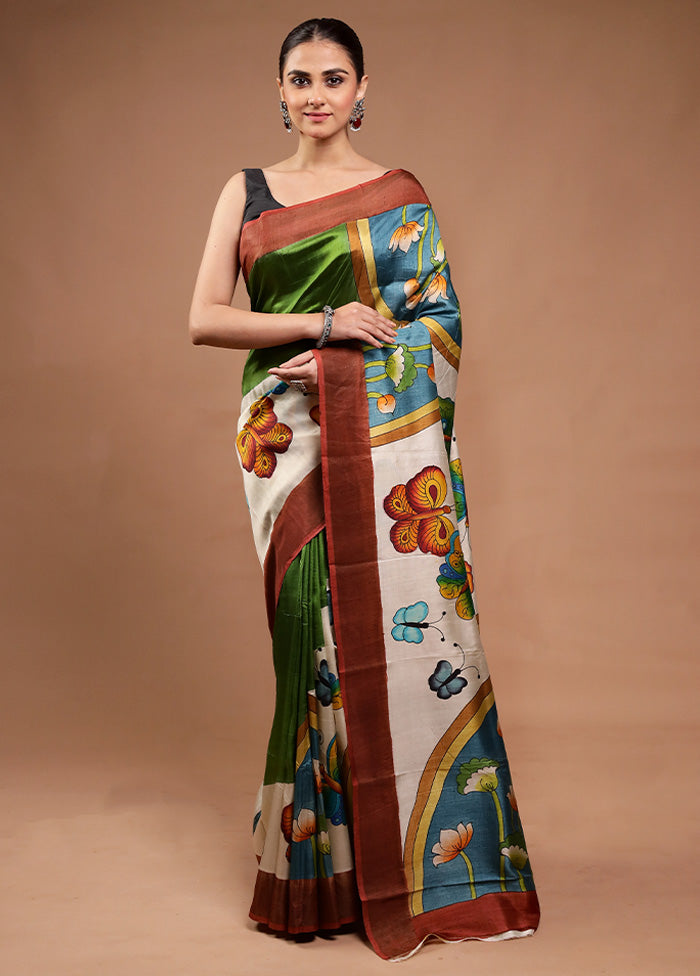 Green Printed Pure Silk Saree Without Blouse Piece Fashionable For Sale