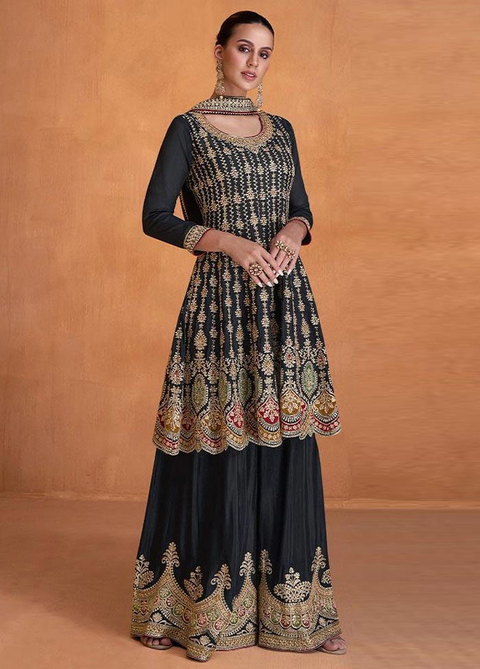 3 Pc Black Semi Stitched Georgette Suit Set Discount