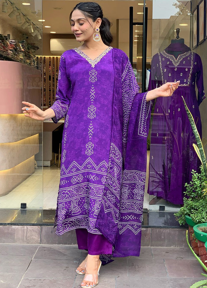 3 Pc Purple Readymade Silk Dupatta Suit Set Cheap Fake