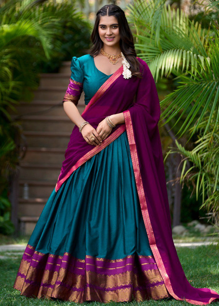 3 Pc Teal Cotton Semi Stitched Lehenga Set Latest Collections Online