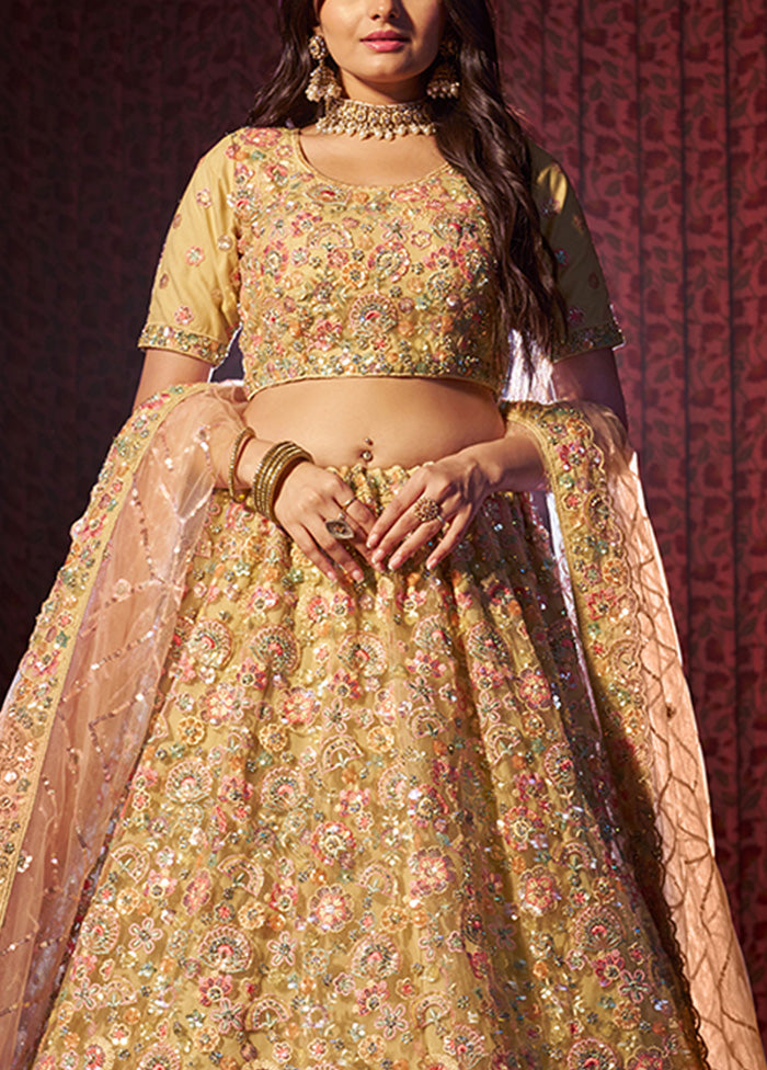 3 Pc Yellow Net Semi Stitched Lehenga Set Clearance With Credit Card