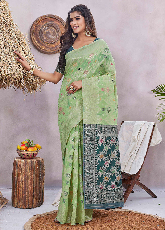 Pista Green Spun Silk Saree With Blouse Piece Outlet Clearance