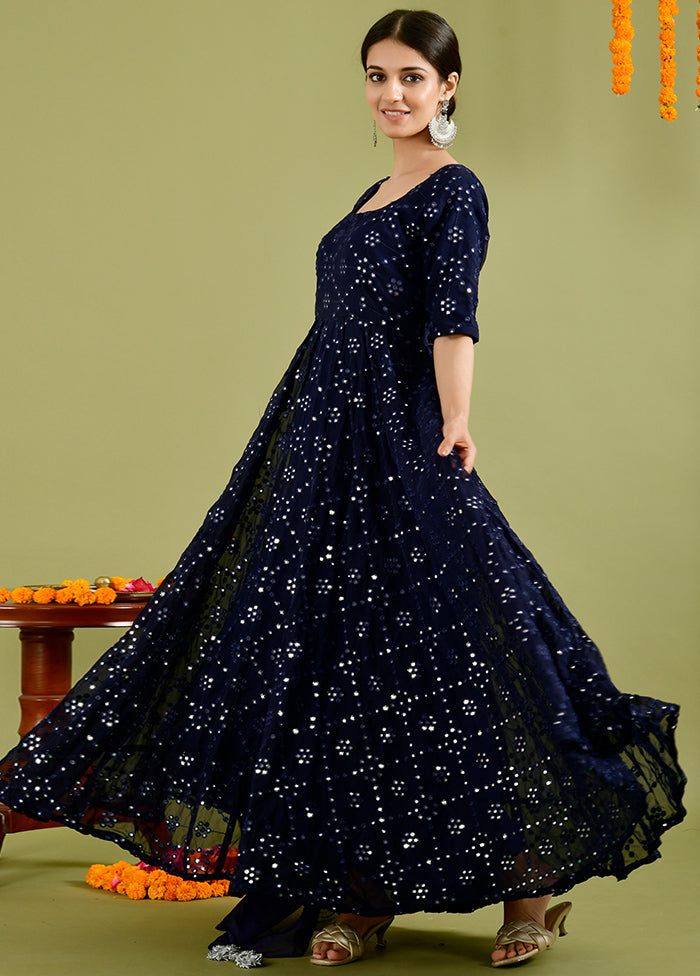 2 Pc Blue Mirror Work Georgette Kurti Set Outlet Locations