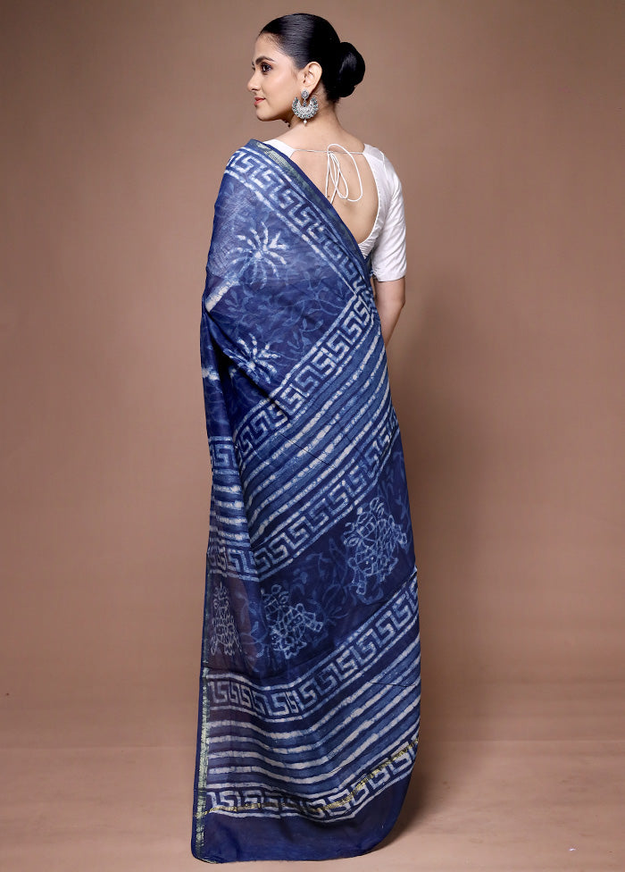 Blue Chanderi Cotton Saree With Blouse Piece Low Cost Cheap Online