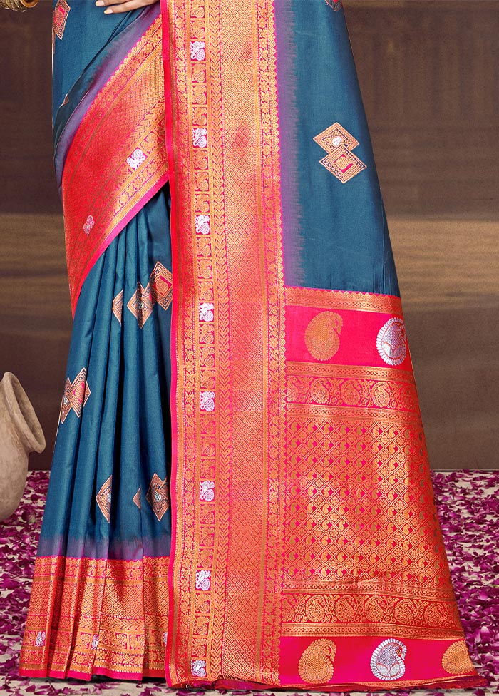 Blue Dupion Silk Saree With Blouse Piece Free Shipping Outlet