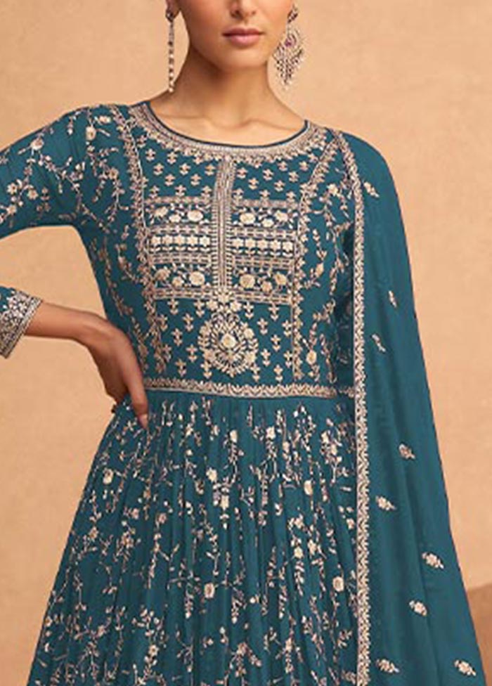 3 Pc Teal Semi Stitched Georgette Suit Set With Paypal Low Pice