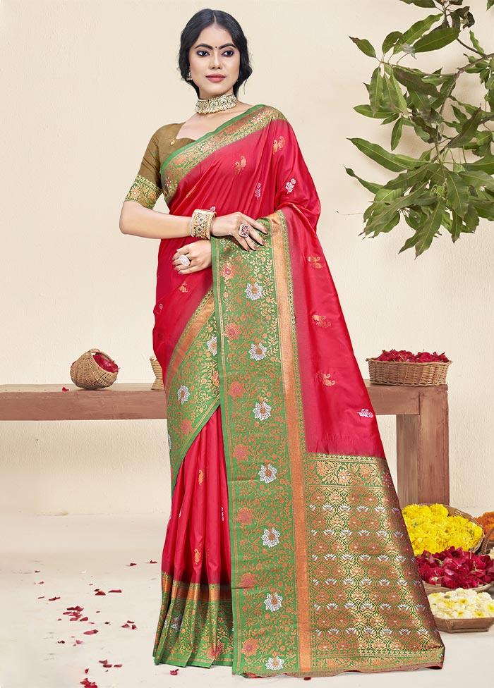 Dark Pink Dupion Silk Saree With Blouse Piece Brand New Unisex Cheap Online