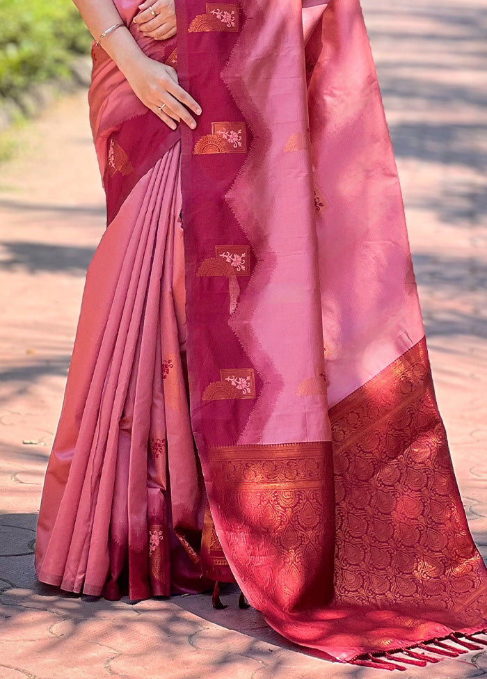 Peach Banarasi Silk Saree With Blouse Piece Clearance Original